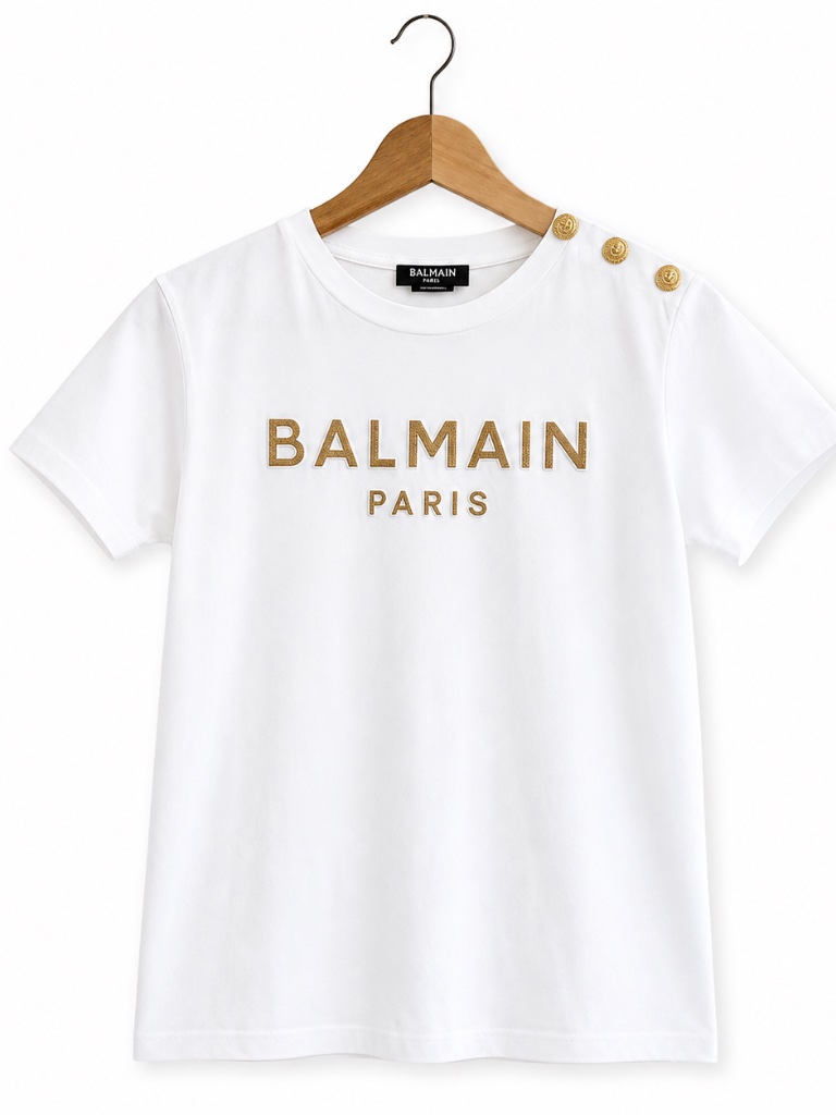Balmain Paris White Logo T-Shirt With Gold Buttons Size 12a